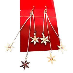 NEW CUTE CHAIN SNOWFLAKE CHRISTMAS DANGLE EARRINGS WITH SNOWFLAKE CRYSTALS
